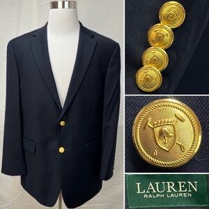 Ralph Lauren Men's 48R Navy Blue Gold Button Wool Blazer Jacket Sport Coat